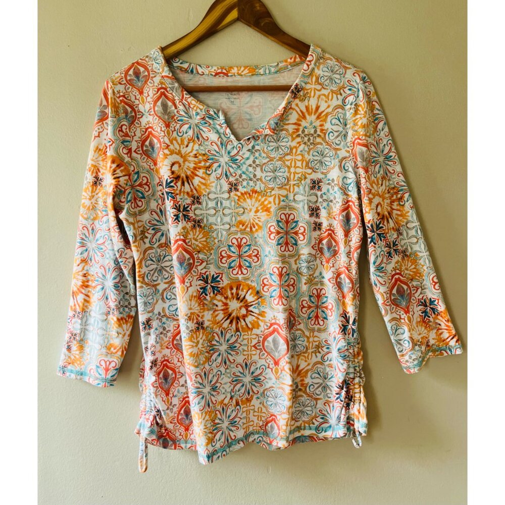 Talbots Sz M Split Neck Ruched Tee Pullover Blouse Freshwater Medallion Pattern - Picture 2 of 9